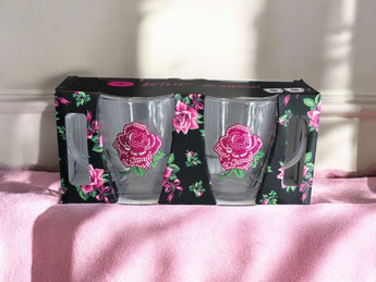 New Set of 2 Betsey Johnson Glass Pink Coffee Mugs Rose Floral Rhinestone