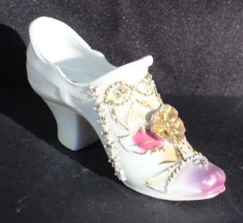 Vintage Miniature Victorian High Heel Boot Ceramic Shoe W/ Gold Trim