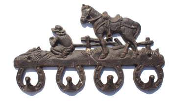 Vtg Cast Iron HORSE SHOE COWBOY / WESTERN RANCH Coat Key Hat Wall Hanger Holder