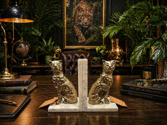 New Hollywood Regency Panther Leopard Marble Base Safari Room Decor Bookend Set
