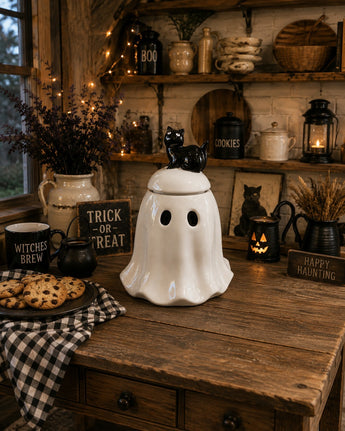 New Halloween WHITE Ghost W/ Black Cat On Head Holiday Cookie Jar Kitchen