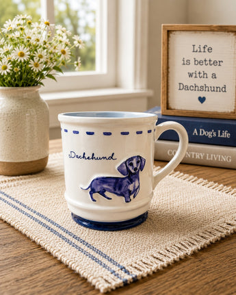 New Ceramic Blue & White Farmhouse Cottage Dachshund Dog Pup Wiener Coffee Tea