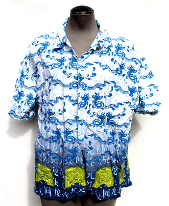 Vtg INTRINSIC Blue Asian Dragon Mens Collar Button Up Rayon Shirt Large