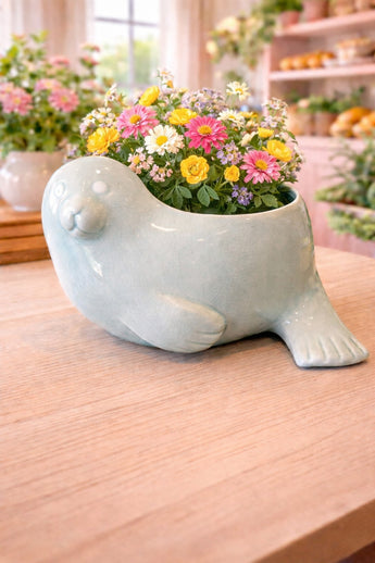 New Ceramic Indoor / Outdoor Blue Seal Animal Ocean Flower Planter Pot