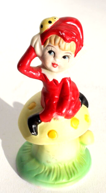 Vtg 1950s Pixie Elf & Ladybug Sitting On A Mushroom Porcelain Figurine Taiwan