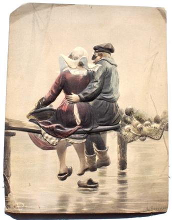 Antique Dutch Man & Woman Alfred S. Campbell Art Relievo 3-Dimen Embossed Photo