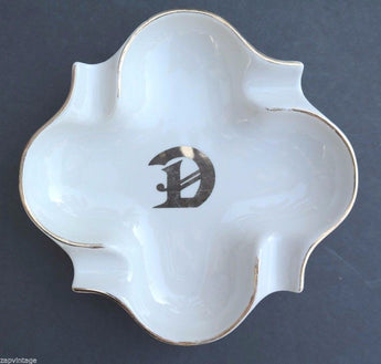Vintage White Swirly Initial D In Gold Large Ashtray Stamped Hall