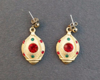 Vintage Gold W/ Green & Red Stones Stamped Dale Grey Earrings