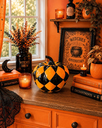 New Halloween Decorative Orange & Black Argyle Circus Checkered Resin Pumpkin