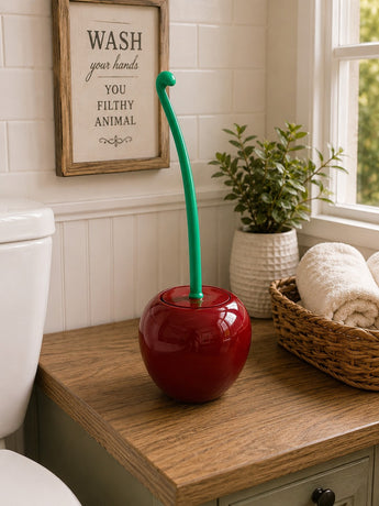 New Funny Red Cherry W/ Stem Fruit Toilet Bowl Brush & Holder Set Bathroom
