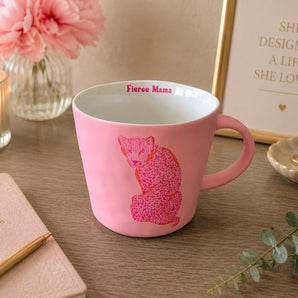 New Neon Pink Soft Touch Cheetah Fierce Mama Tea Coffee Mug Gift