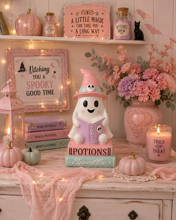 New Pink Pastel Ghost Reading Toxic Book Halloween Spooky Decor Figurine