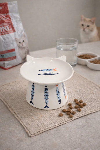 New MCM Blue Orange Sardines Fish Ceramic Cat Shaped Head Pedestal Food Bowl