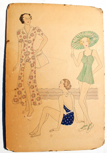 VTG 1960s -1970s MCM Bathing Suit Sketch Etching Drawing Fashion Template Swatch
