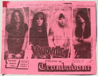 Vtg 1980s 1990s Punk Rock Hair Band Concert Flyer - Vaudville (Troubadour)