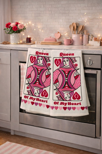 New Set 2 Valentines Day Love Pink Queen Of My Heart Poker Card Kitchen Towels