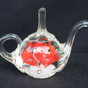 Vtg Art Joe St Clair Glass Tea Pot Red & White Flowers PaperWeight Ball
