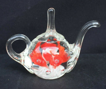 Vtg Art Joe St Clair Glass Tea Pot Red & White Flowers PaperWeight Ball