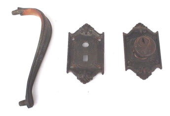Vintage Antique Victorian Metal Door Lock, Key Hole And Handle Set