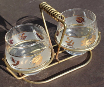 Vintage Mid Century Modern Sugar & Milk Leaf Print Set W/ Holder USED