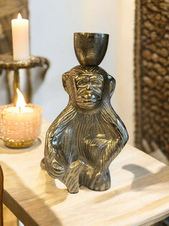 New Retro MCM Boho Sitting Monkey Candle Holder Table Room Decor