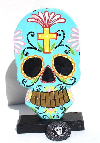 NEW Solid Wood Day of the Dead Sugar Skull Tabletop Figure HALLOWEEN Indonesia