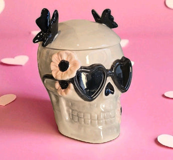 New Halloween Spooky Ceramic Skull With Heart Sunglasses Cookie Jar Decorative