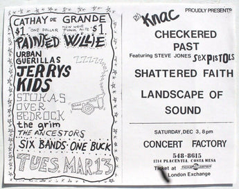 Vtg March 13th Painted Willie / Dec 8th (Sex Pistols) CA Rock Concert Flyer