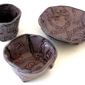 Vtg Signed ED Contemporary Funky Art Studio Pottery Ceramic Bowl CUP & Plate Set
