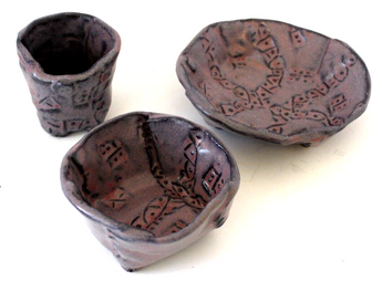 Vtg Signed ED Contemporary Funky Art Studio Pottery Ceramic Bowl CUP & Plate Set