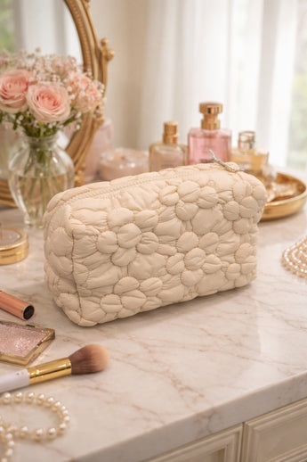 New Soft Puffy Flower Daisy Tan / Cream Makeup Bag Nylon Cosmetic Bag