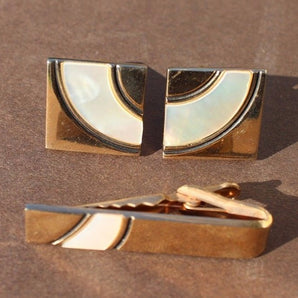 Vintage GOLD Tone Mens Retro Mother Of Pearl Cuff Links & TIE Pin