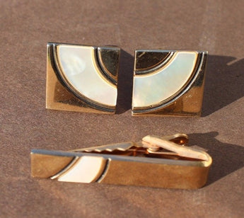 Vintage GOLD Tone Mens Retro Mother Of Pearl Cuff Links & TIE Pin