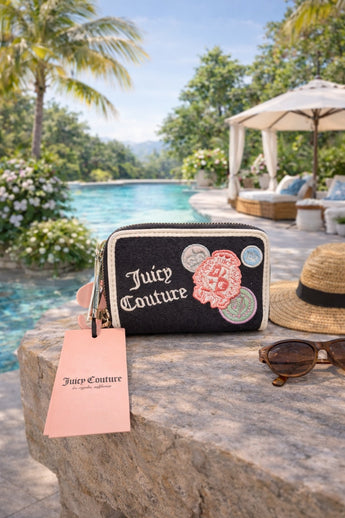 New Black Juicy Couture Towel Material Zip Up Wallet Coin Purse Key Case