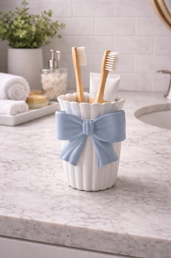 New White W/ Blue Bow Victorian Bathroom Rsein Tooth Brush Holder Storage
