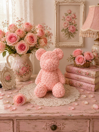 New Pink Rose Teddy Bear Figurine Resin Floral Sculpture Romantic Home Decor