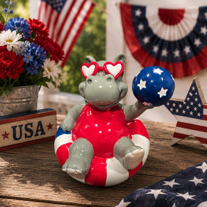 New Hippo Firgurine Red White Blue Pool Float Statue W/ Heart Sunglasses Decor
