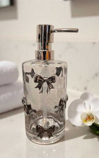 New Girly Glass Soap Dispenser Silver Bows Chrome Pump Bathroon Vanity Decor