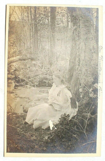 Vtg 1900 Girl Reading A Book Along The Piscataquis River Maine RPPC Postcard