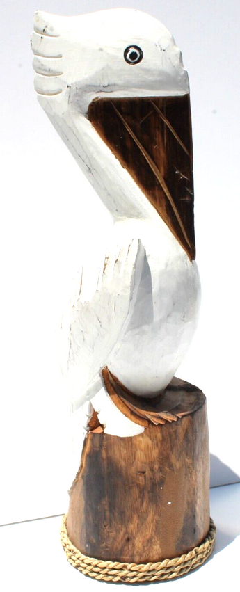 Vtg Wood Hand Carved Beach Ocean Island Nautical Pelican Statue Figurine Decor