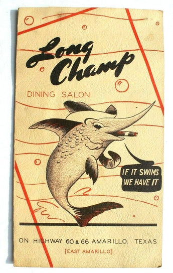 Vintage 1948 Long Champ Dining Salon Seafood Restaurant Amarillo Texas Menu