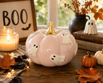 New Opal Pink & White Pumpkin Gold Stem Baby Ghosts Halloween Holiday Decor