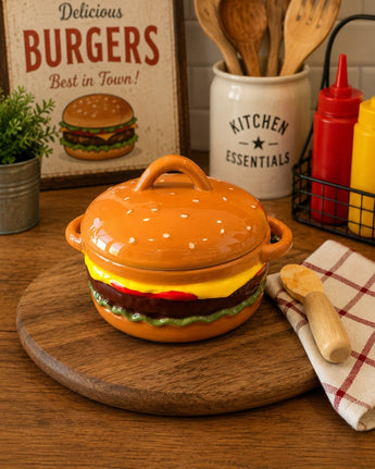 New Brown Ceramic Cheeseburger Mini Baker W/ Spreader Party BBQ Kitchen