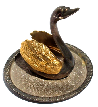 Vtg EP Zinc Alloy Silver Gold SWAN Ring Holder w/ Ruby Crystal Eyes Hong Kong