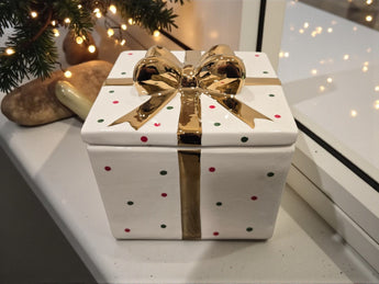 New Holiday Time Christmas Present W/ Gold Bow Cookie Jar Kitchen Room Decor