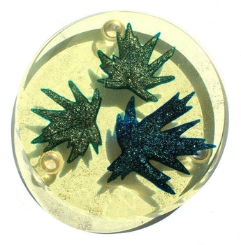Vtg Acrylic Hotplate Trivet Footed MCM Lucite Blue Green Glitter Maple Leafs