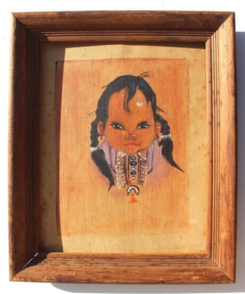 Antique Vintage 1900's Native American Indian Girl Signed Painting 8X10