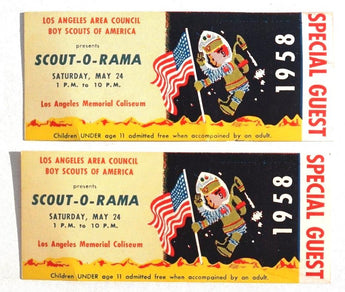 2 Vtg 1958 Los Angeles Area Council Boy Scouts Of America Guest Ticket Stubs