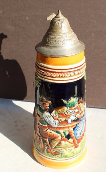 VTG German Lidded Beer Stein Pottery / Porcelain Pewter Lid Germany Orig King