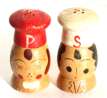 Vintage Boy & Girl Chef Salt and Pepper Shakers Set Wooden Mini 2 1/4" JAPAN